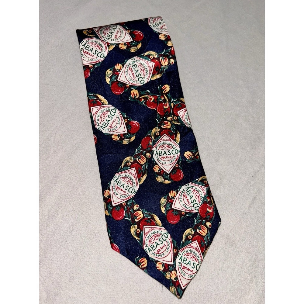 Tabasco Hot Sauce Bottle/Vegetable Print Blue‎ Necktie Novelty Watermark Logo